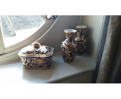 Three blue and gold ceramic pots (one with lid), vase height 21cm, Chinese marks in iron red to bases, from Room 10