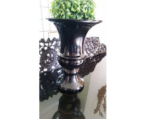 Black glass baluster vase, glass, 33.5 cm together with a pair of glass small tower cubic  tealight holders 18cm high (shown 