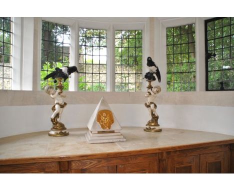 Pair of ceramic cherub figure candle pedestals 63 cm high, from the reception area (magpies not included!)