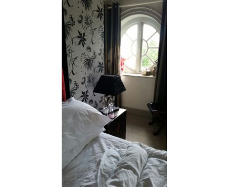 Pair of curtains, lined, 220 cm drop, striped in black/grey/beiges, with white wooden pole, from Room 10. Pole measures 173 c
