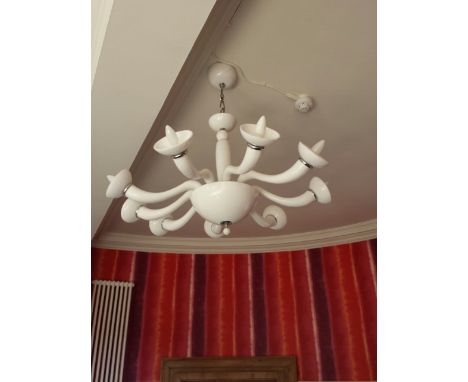 Ceiling light chandelier, white glass and chrome 10 arm electric x 1, one of three identical from the Restaurant & Ante Room