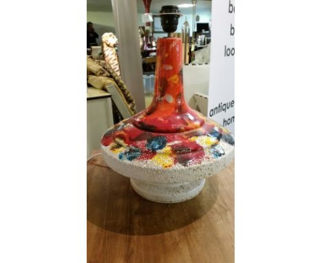 Retro stoneware French lamp base with abstract multi coloured design, PAT tested Oct 2015. Stamped Mai 1974 in base.