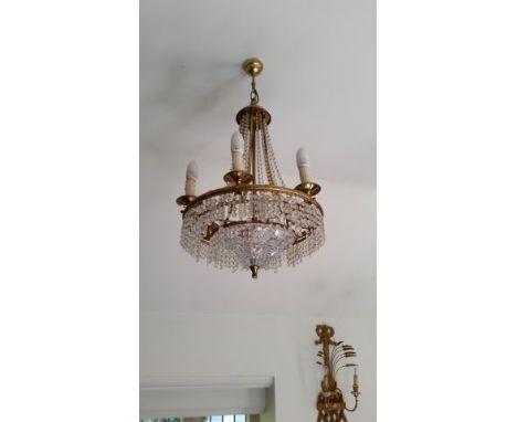Glass electric chandelier, 5 arm, brass and glass