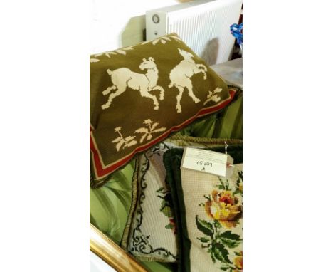 Cushion with sage and cream tapestry cover, plus other floral tapestry cushions, and two yellow cushions with black piping (6
