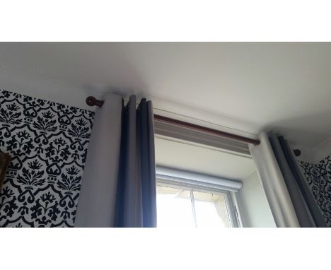 Curtains, one pair 279 cm drop, lined, Black/grey/beige stripes, together with one wooden curtain pole, from Room 11