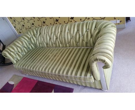 Sofa, chesterfield style, in green stripe with silver metallic fabric panels to arm panels, button back, 203 cm long, 72 cm h