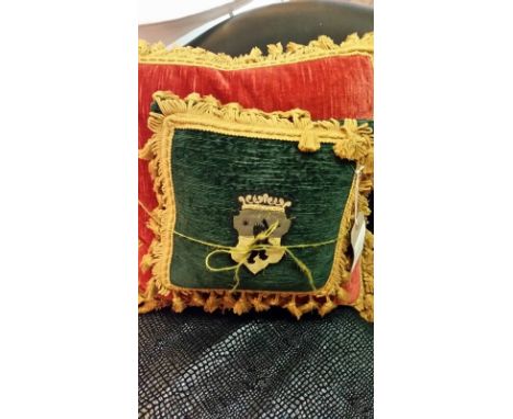 Two Mulberry tapestry/armorial style cushions (on grey chaise) from the Library