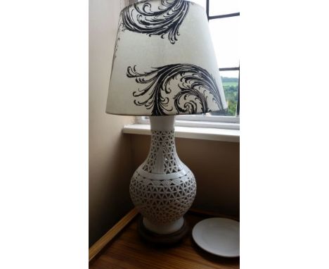 Table lamp, white perforated ceramic base with black &amp; white rococo design shade, 58 cm high, PAT tested Oct 2015 - from 