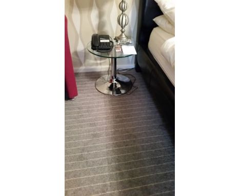 Pair of small circular tables, chrome pedestal base, circular glass top 45 cm diameter, 40 cm high, from Garden Room 7 (seen 
