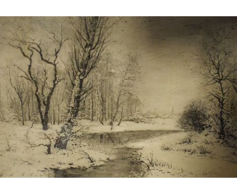 Early 20th Century monochrome print on silk - Landscape together with two other prints, all framed and glazed   Condition: 