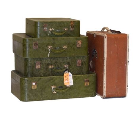 Set of four vintage green plastic Faux snakeskin suitcases by Pukka Luggage, together with a vintage cabin trunk   Condition: