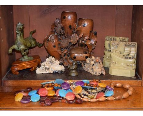 Collection of Chinese carved soapstone ornaments, patinated bronze figure of a horse and a small quantity of costume jeweller