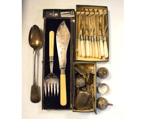 Small quantity of silver and white metal items together with a silver plated fish servers, basting spoon, dessert knifes and 