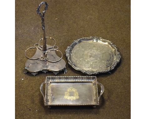19th Century silver plated trefoil shaped decanter stand, an engraved silver plated salver and a similar two handled rectangu