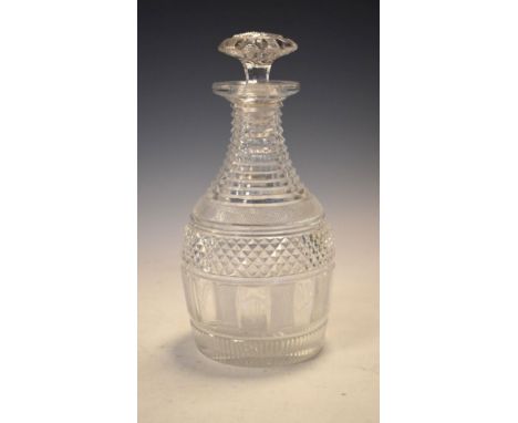 Good quality 19th Century heavily cut glass baluster shaped decanter having step cut, diamond and strawberry cut decoration  