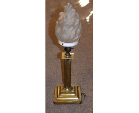 Brass Corinthian column table lamp having a frosted glass 'flame' shade   Condition: 