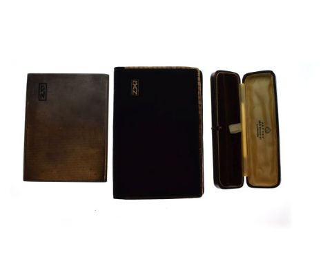 Asprey & Co engine turned silver cigarette case, London 1929, together with an Asprey & Co yellow metal mounted leather walle