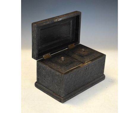 19th Century Indian carved hardwood tea caddy having allover tight-knit foliate decoration, the hinged cover opening to revea