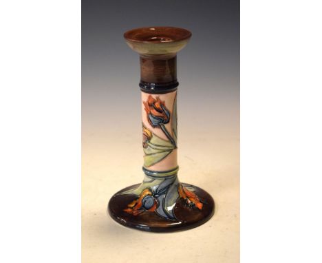 Modern Moorcroft candlestick having stylised floral decoration   Condition: 