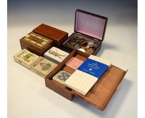 Vintage mahogany cased travel chess set, card games etc   Condition: 