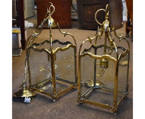 Pair of good quality modern brass framed lantern design ceiling light fittings   Condition: 