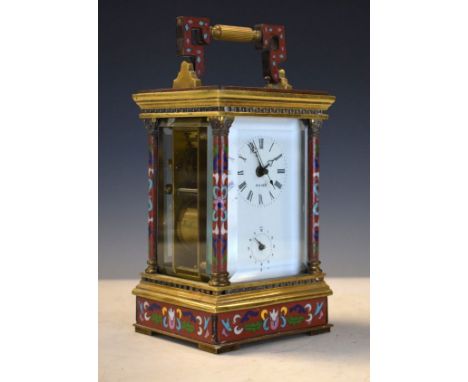 Large cloisonné and brass repeat carriage clock, the white enamel dial with Roman numerals and subsidiary alarm dial   Condit