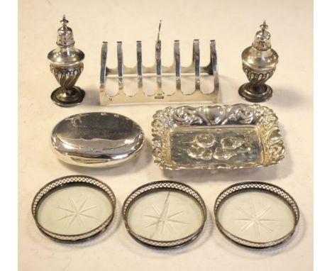 George V silver six division toast rack, Sheffield 1935, Elizabeth II silver rectangular pin dish decorated with angels, Lond