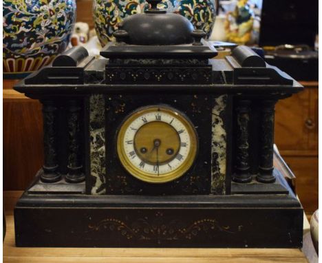 Late 19th Century black slate cased architectural style mantel clock, the off-white dial with Roman numerals   Condition: 