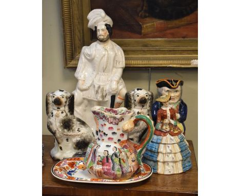 Various Staffordshire figures, 19th Century Spode oval dish with polychrome painted decoration, 19th Century Masons Ironstone