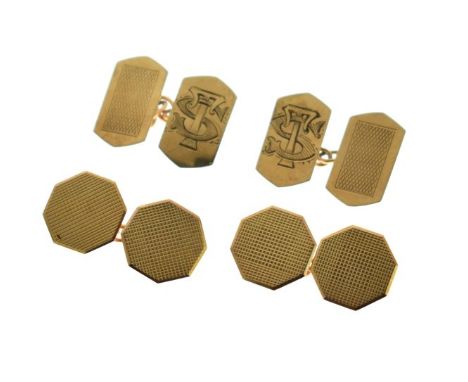 Pair of 9ct gold octagonal engine turned decorated cufflinks and a 9ct gold pair of hexagonal cufflinks with engraved monogra