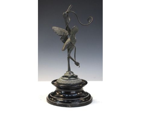 19th Century patinated bronze figure of a Crane clutching a serpent, probably French, standing on a turned ebonised socle   C