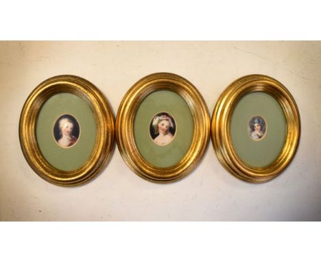 Three late 19th/early 20th Century Continental porcelain oval miniature plaques, each having portrait decoration and mounted 