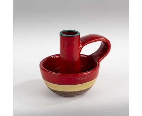 Kerzenständer, 1950er Jahre H. 12 cm. Steingut, blau, rot, hellgelb und braun glasiert. Bez.: GAMBONE ITALY.