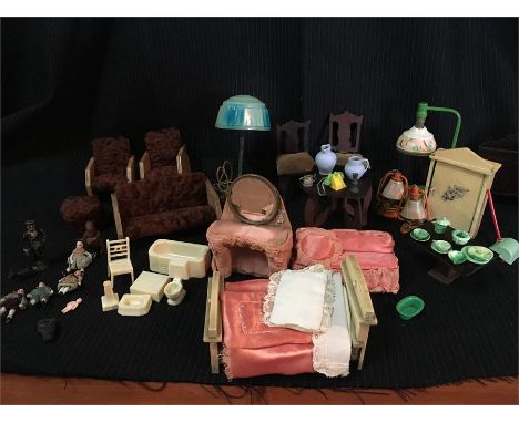 A selection of Vintage homemade dolls house furniture