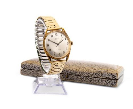 GENTLEMAN'S AVIA OLYMPIC GOLD PLATED WRIST WATCH, mid-twentieth century, the round dial with applied Arabic numerals, outer s