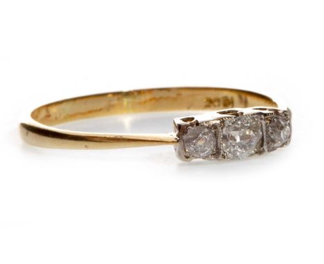 DIAMOND THREE STONE RING, set with three old cut diamonds totalling approximately 0.15 carats, marked 18ct, size R 1/2, 2g