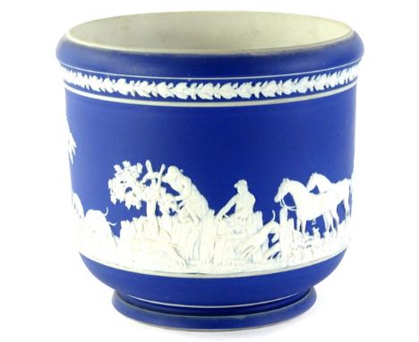 A late 19thC Adams blue Jasperware jardiniere, of cylindrical form and decorated with raised hunting scene, with hounds, hunt