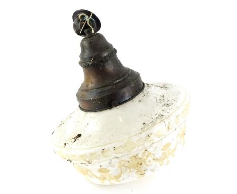 An Edwardian white opaque ceiling lamp, with bronzed metal gallery and ceiling fitting, the shade 30cm dia.