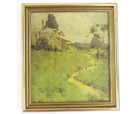 After Arthur Streeton (1867-1943). The Old Inn Richmond, Hawkebury River, 1896, coloured print laid onto board, 26cm x 23cm.