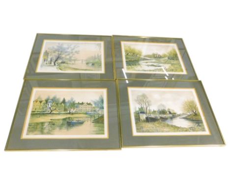 Jeremy King (b1933). River landscape with boats, figures, etc., artists signed limited edition print, 41cm x 45cm, a set of f