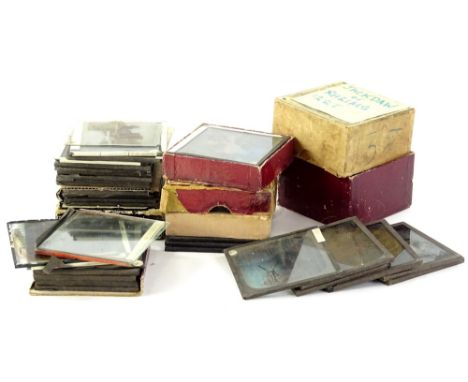 Various Victorian and later magic lantern slides, to include some examples in original boxes, etc. (some pieces AF)
