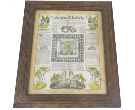 A 19thC poster or print titled Jesus Christ Son of God, etc., with hand coloured embellishment of angels to each corners, etc