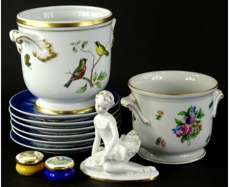 A collection of ceramics, to include Royal Copenhagen calendar plates, a Portuguese jardiniere decorated with birds, another 