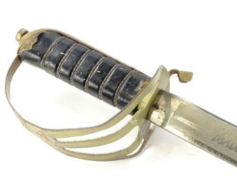 A continental military type saber, with simulated leather scabbard and gold coloured mounts.