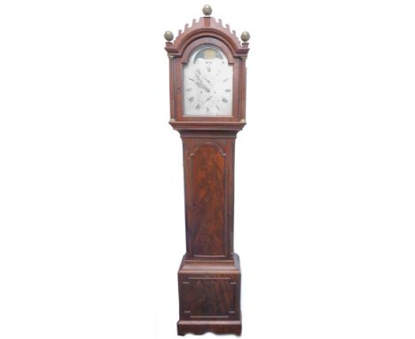 A late 18th/early 19thC mahogany longcase clock, the silvered dial with moon face, engraved with Roman numerals etc., eight d