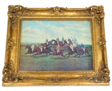 After A G Veal.  Race horses jumping a fence, coloured print, mounted onto ceramic panel, various red printed marks etc. to t
