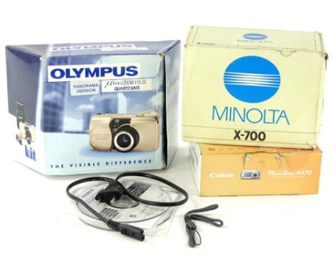 Various modern cameras and effects, to include an Olympus M1030SW boxed camera, other boxed items, Olympus Panorama version Q