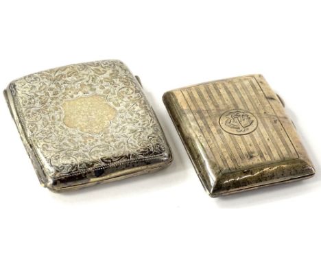 Two small silver cigarette cases, one with engine turned decoration, the other engraved with leaves and scrolls etc., 4½oz.