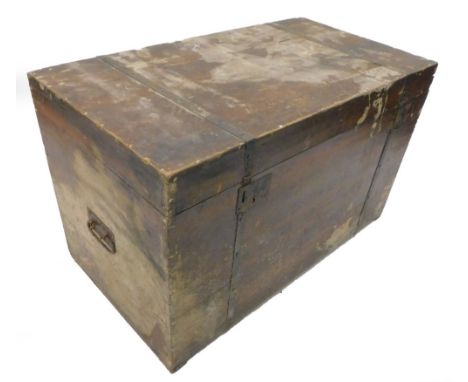 A stained pine and ebonised metal bound trunk or tool chest, 107cm W.
