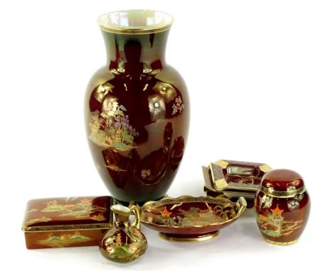 A collection of Carltonware Rouge Royal pottery, to include a rectangular dish, ashtrays, ginger jar and cover, Crown Devon v